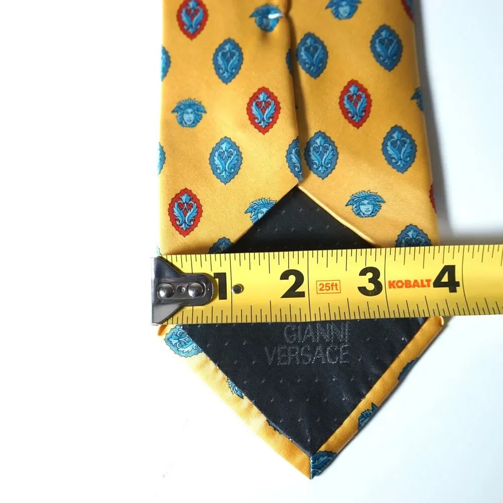 Gianni Versace Vintage Neck Tie Yellow Gold Medallion Logo Pattern